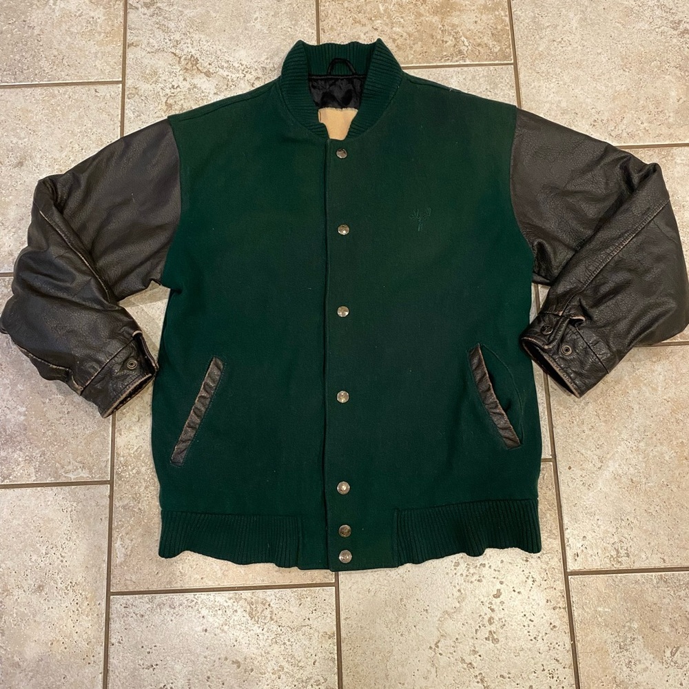 Men’s Varsity Jacket, Genuine Leather Sleeves, Cabela’s, Medium, Green/Black